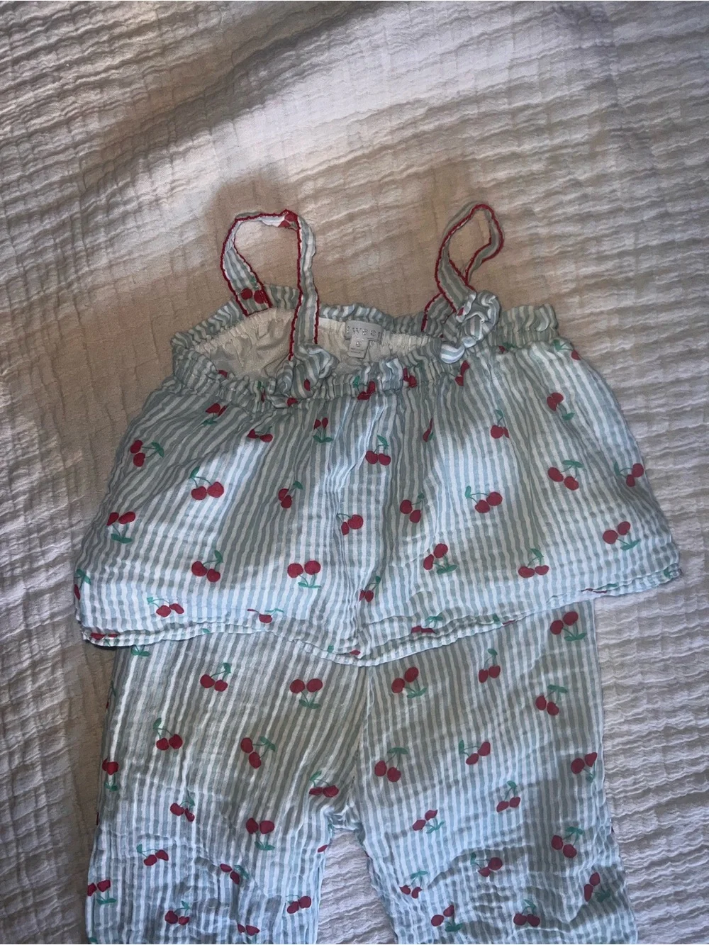 btween White Striped Cherry Print Tank and Pants Set - Red/Green